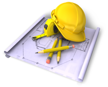 A yellow hard hat sits on top of a blueprint next to pencils and a tape measure