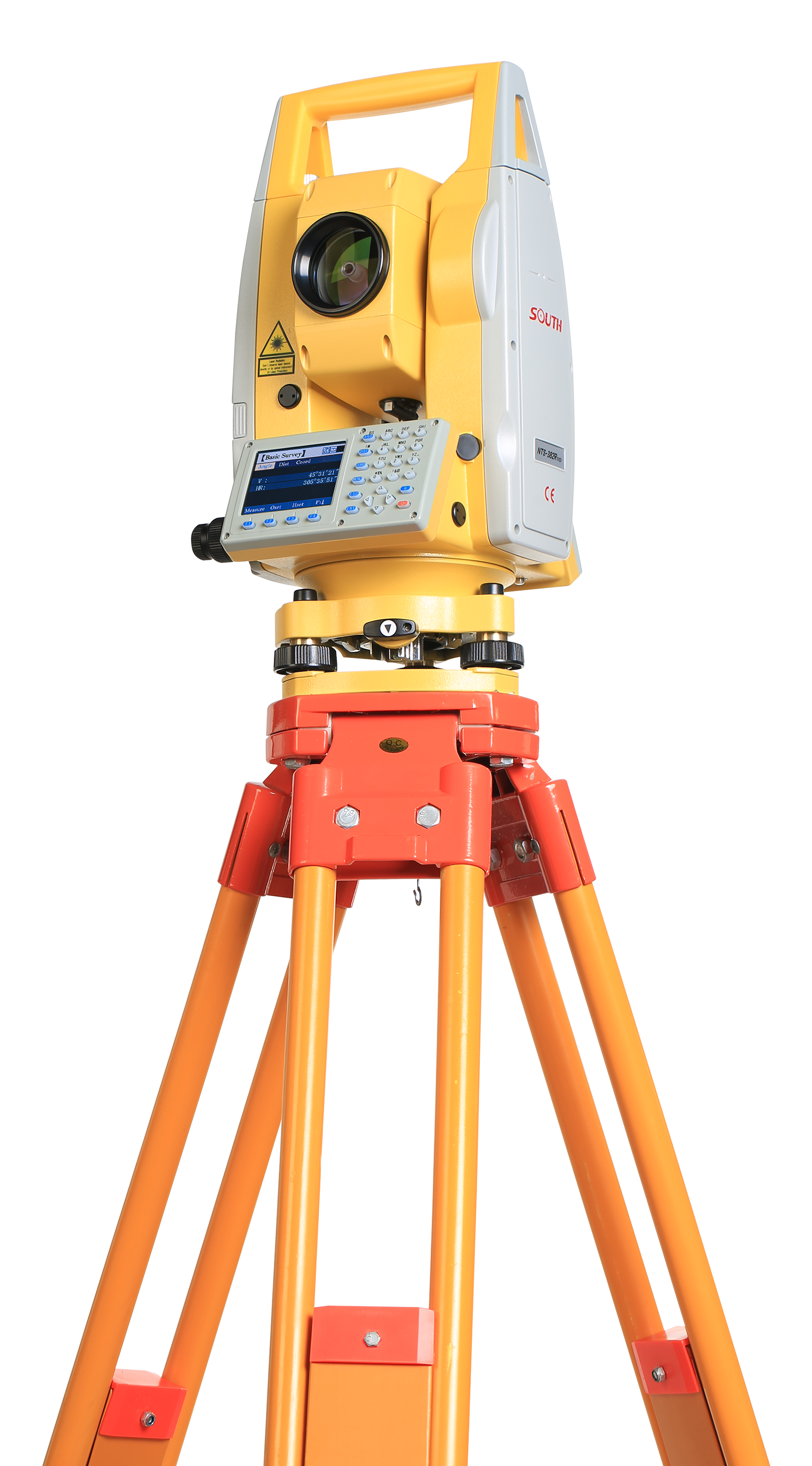 A yellow and silver theodolite on a tripod on a white background.