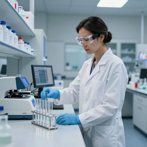 Uno scienziato in camice e guanti maneggia provette in un laboratorio moderno.