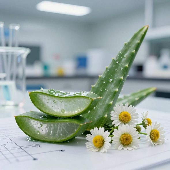 Foglie di aloe vera e margherite bianche su una scrivania in un ufficio luminoso e sfocato.