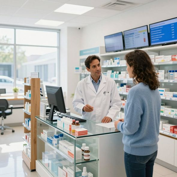 Un farmacista parla con un cliente al bancone della farmacia, dietro il quale si trovano scaffali di medicinali e schermi digitali.