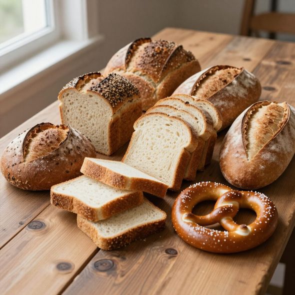 Assortimento di pane e pretzel appena sfornati disposti su un tavolo di legno vicino a una finestra