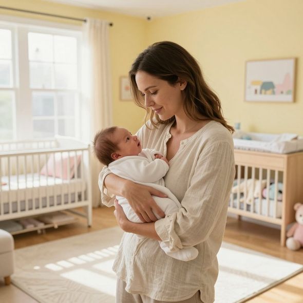 Una donna tiene in braccio un bambino in una cameretta luminosa accanto a una culla