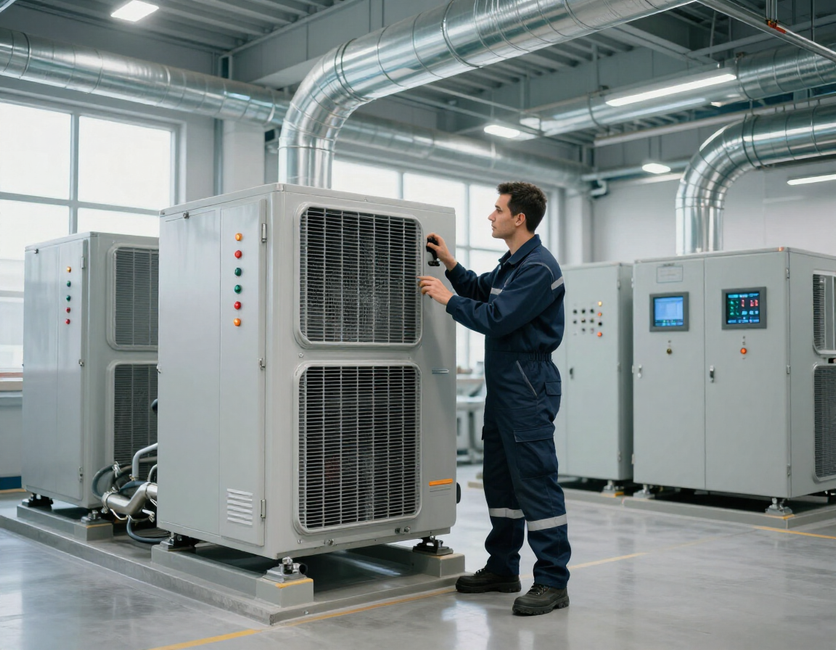 Técnico de climatización revisando un sistema HVAC comercial