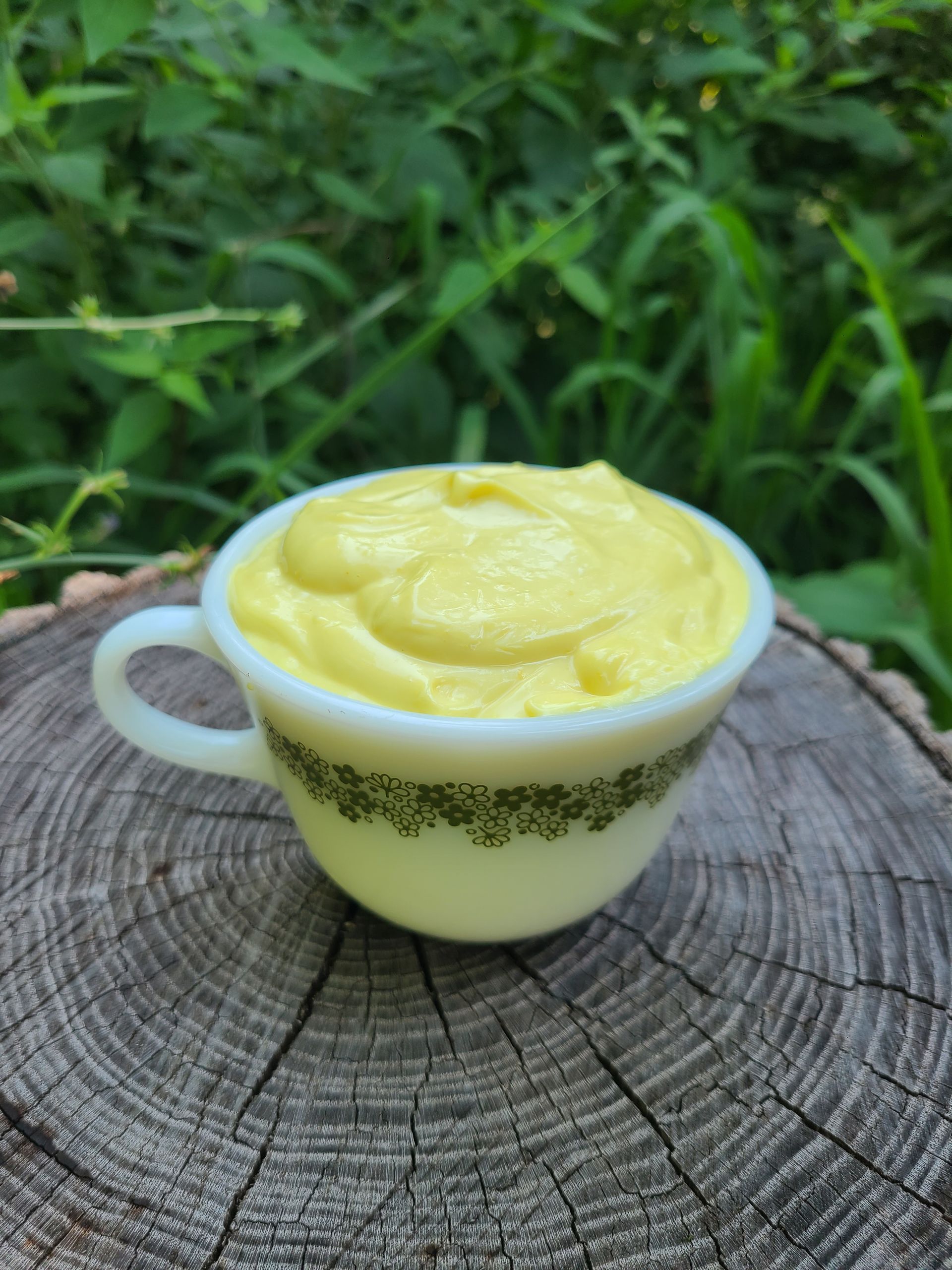 Small white cup of homemade mayo on a tree stump with green foliage background