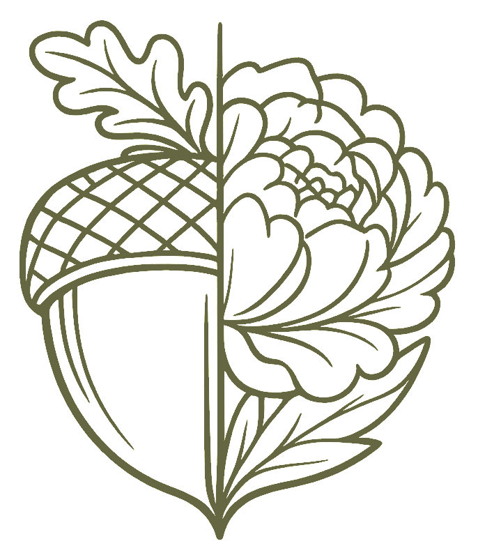 Line-art acorn split in half and merged with a peony in muted olive green.
