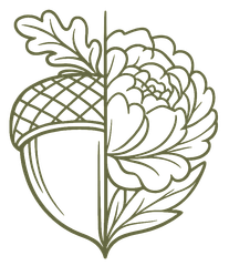 Line-art acorn split in half and merged with a peony in muted olive green.