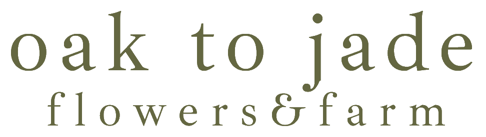 Oak to Jade Flowers & Farm logo in olive green serif text on a white background