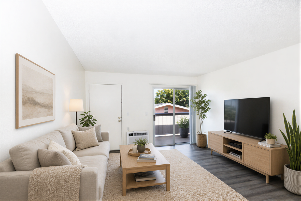 Bright living room with beige sofa, coffee table, TV console, and open doors to a sunny patio.