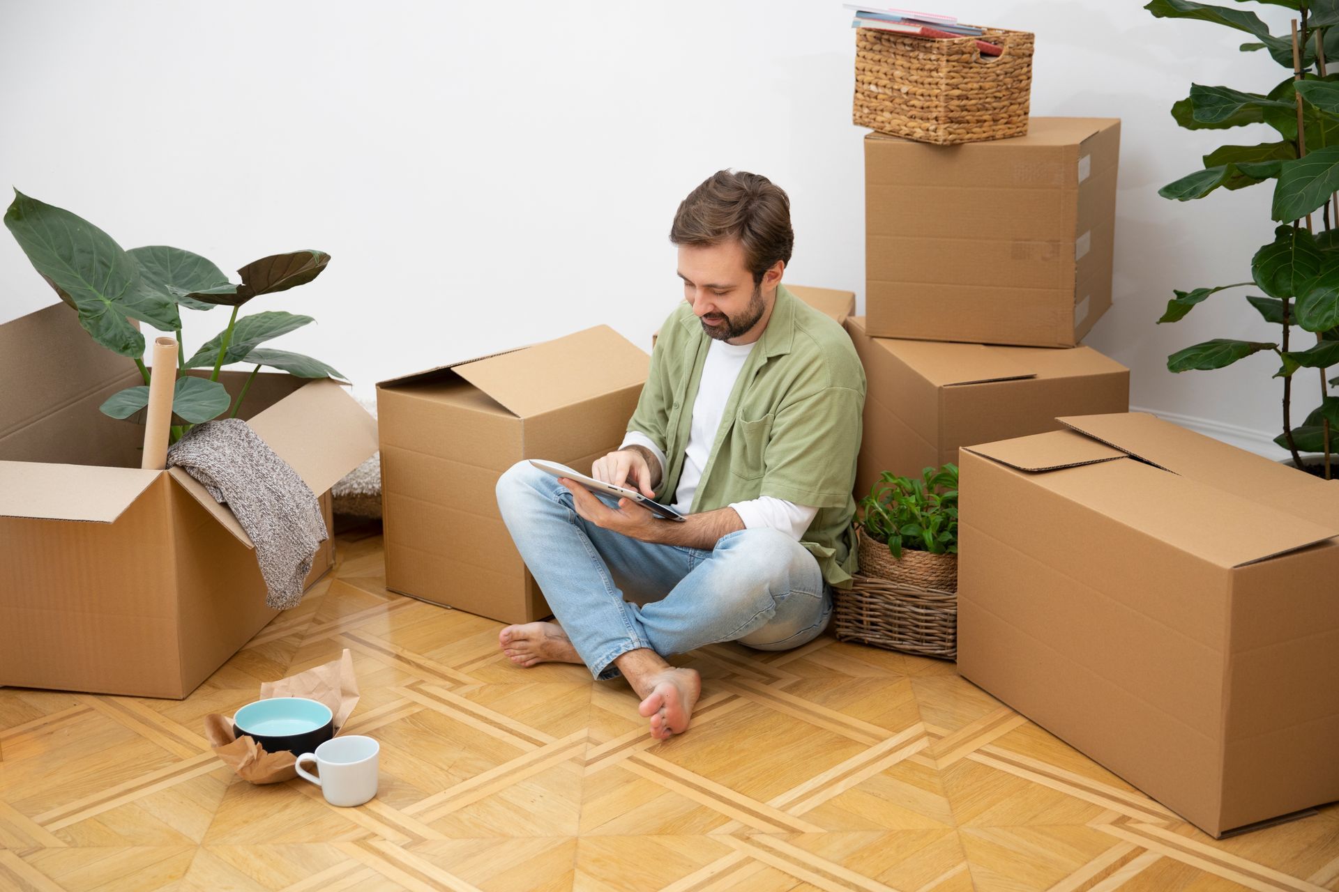Man sits among moving boxes, using a tablet. He wears a green shirt, jeans, and is barefoot.