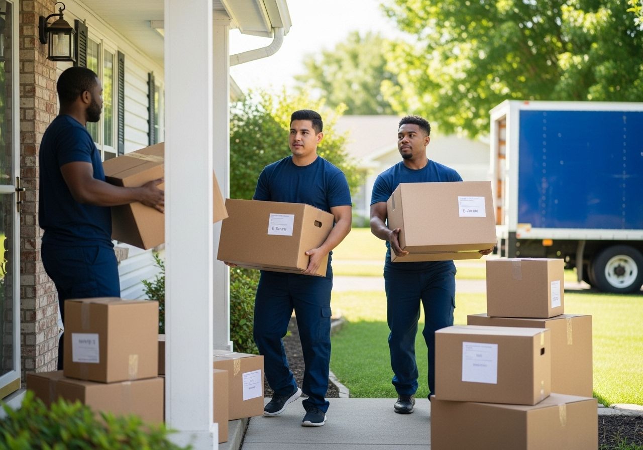 Movers carrying boxes from a house into a moving truck. Boxes are stacked on the porch and in the lawn.