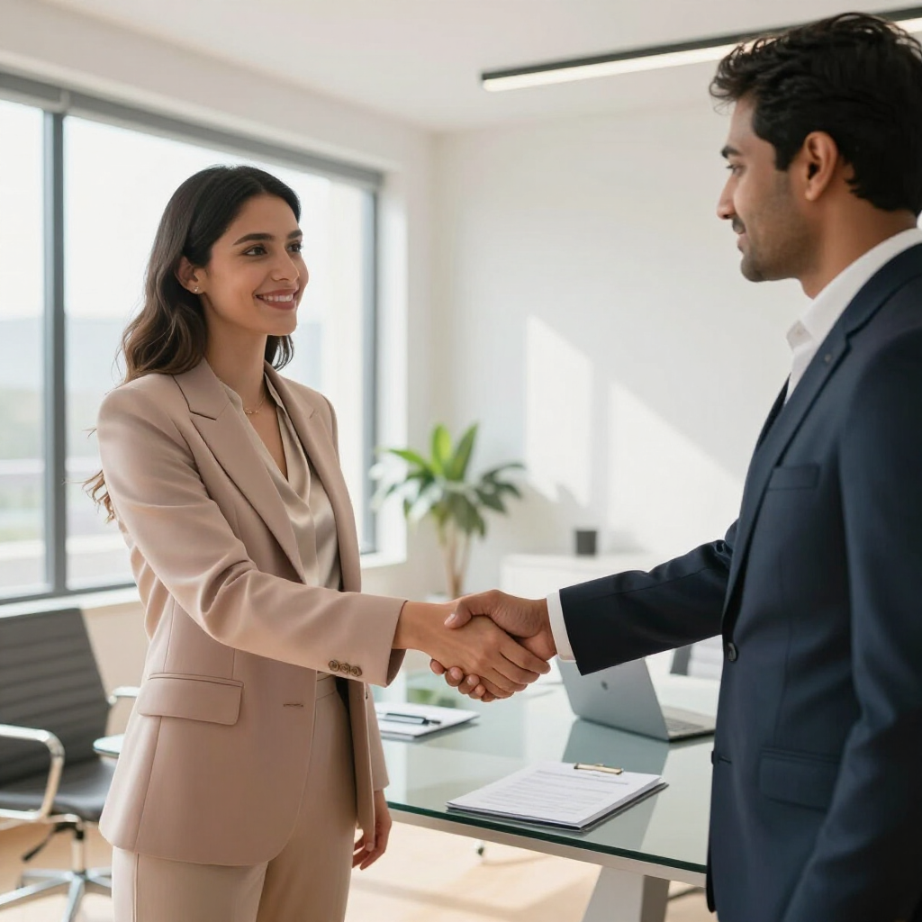 Two business professionals shaking hands in a bright office