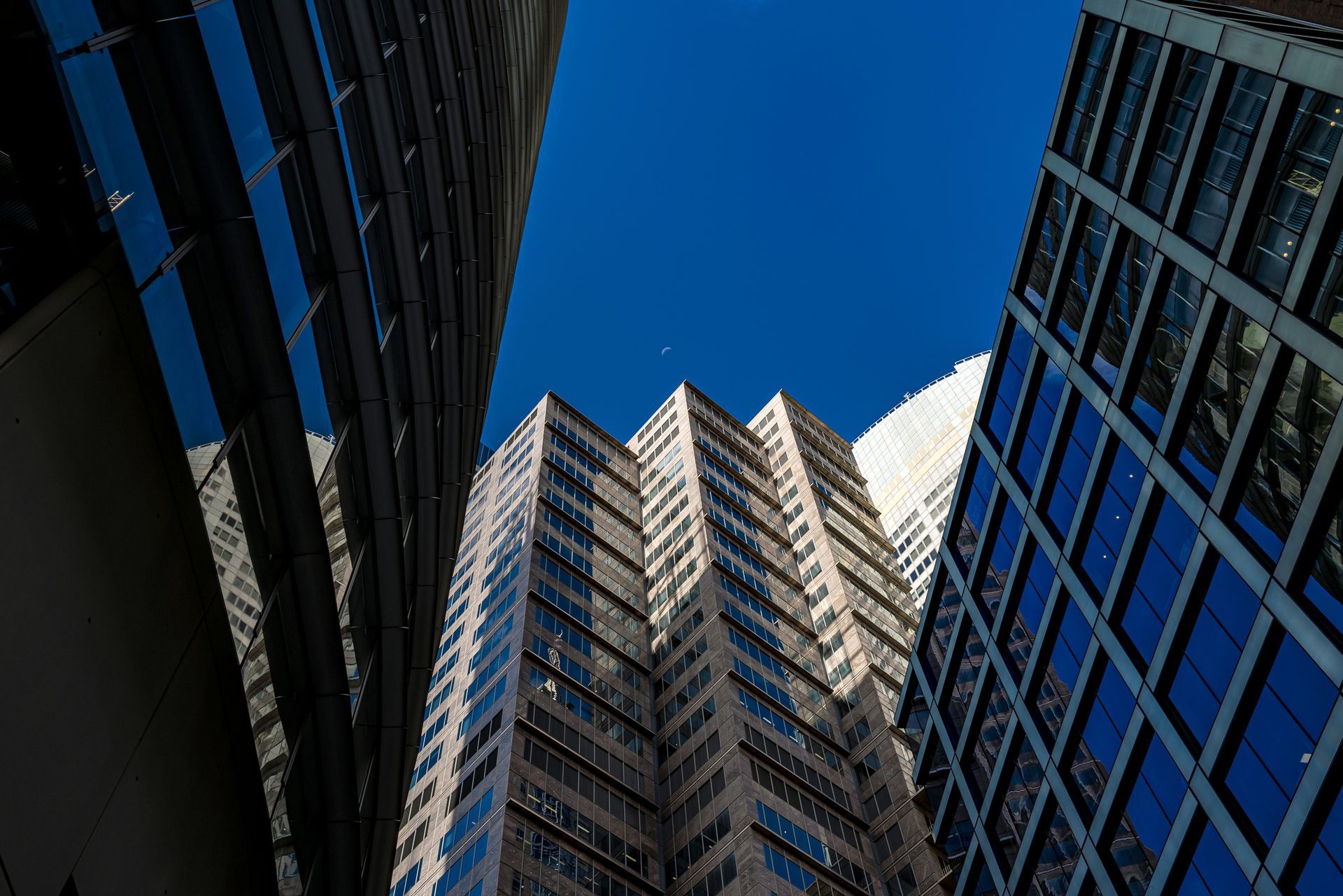 Looking up at a row of tall buildings with a blue sky in the background.