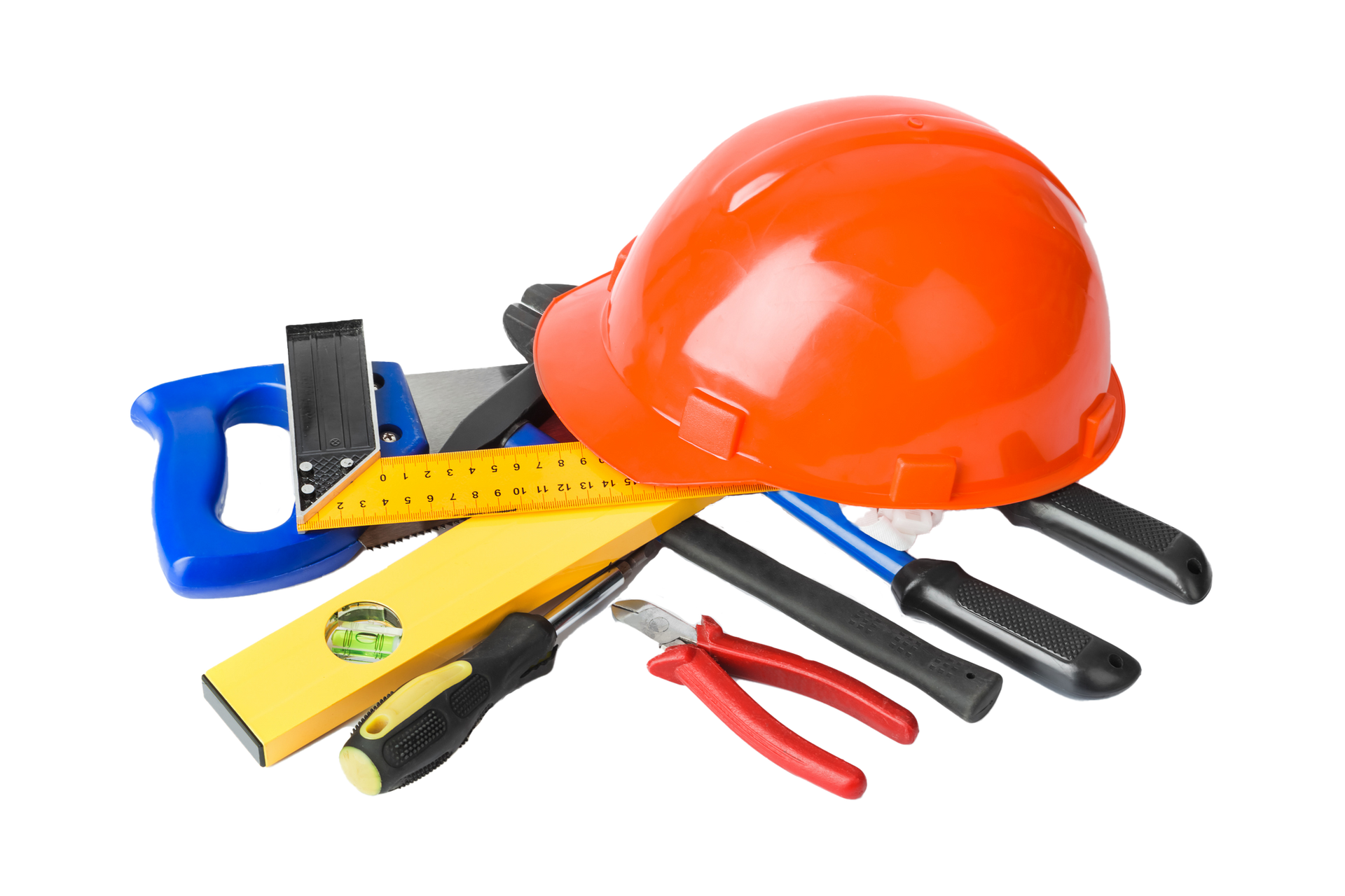 Orange hard hat and assorted construction tools. Orange hard hat and assorted construction tools.