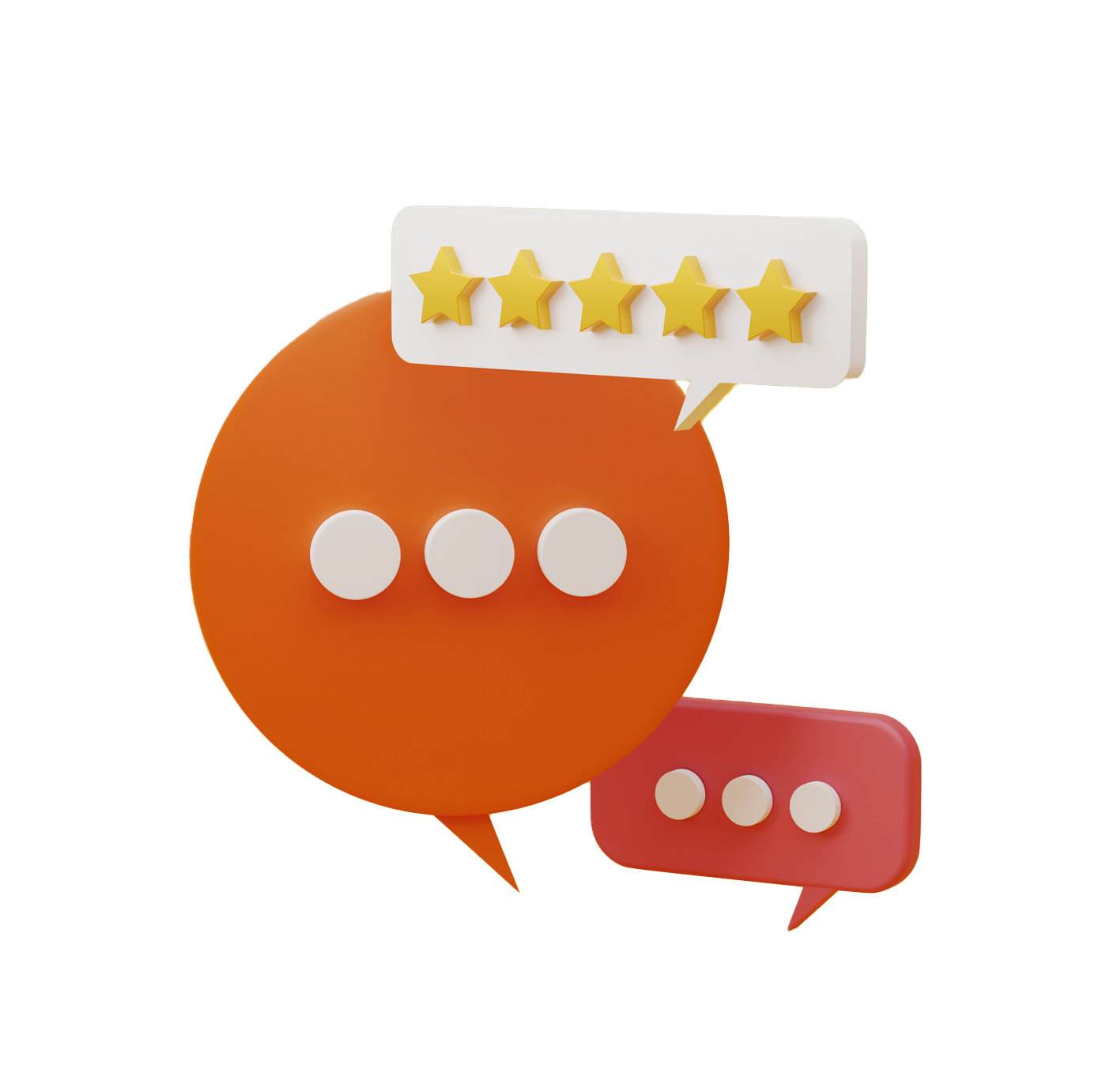 Orange and red speech bubbles with 3 dots each, 5-star rating above. Orange and red speech bubbles with 3 dots each, 5-star rating above.