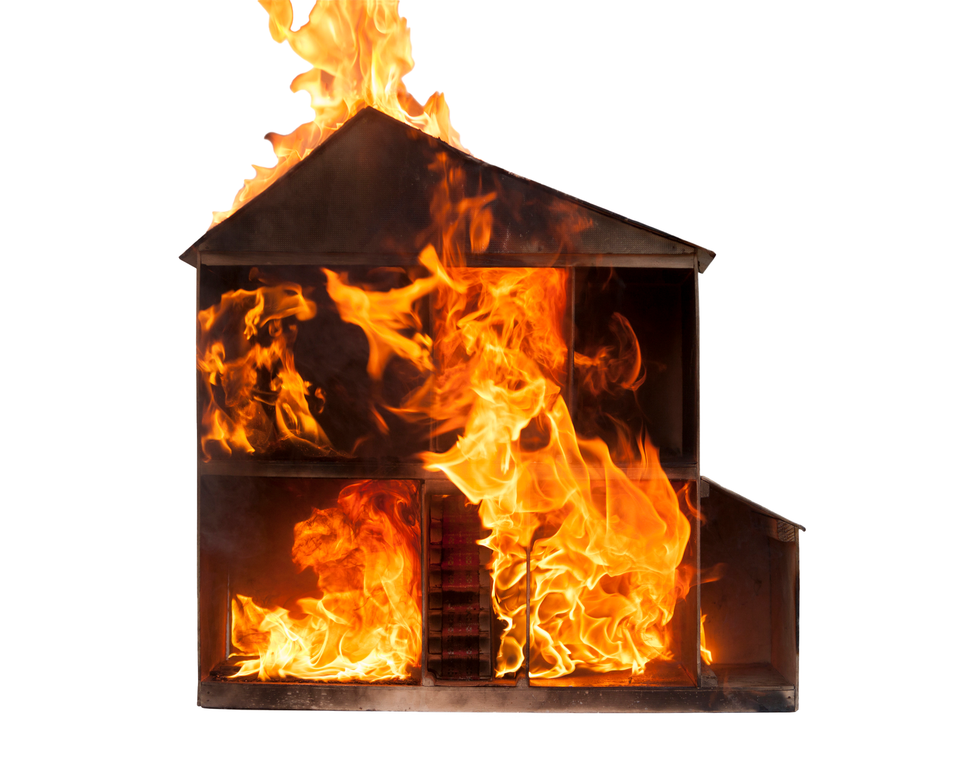 Burning wooden house, flames erupting from windows and roof, against a white background. Burning wooden house, flames erupting from windows and roof, against a white background.