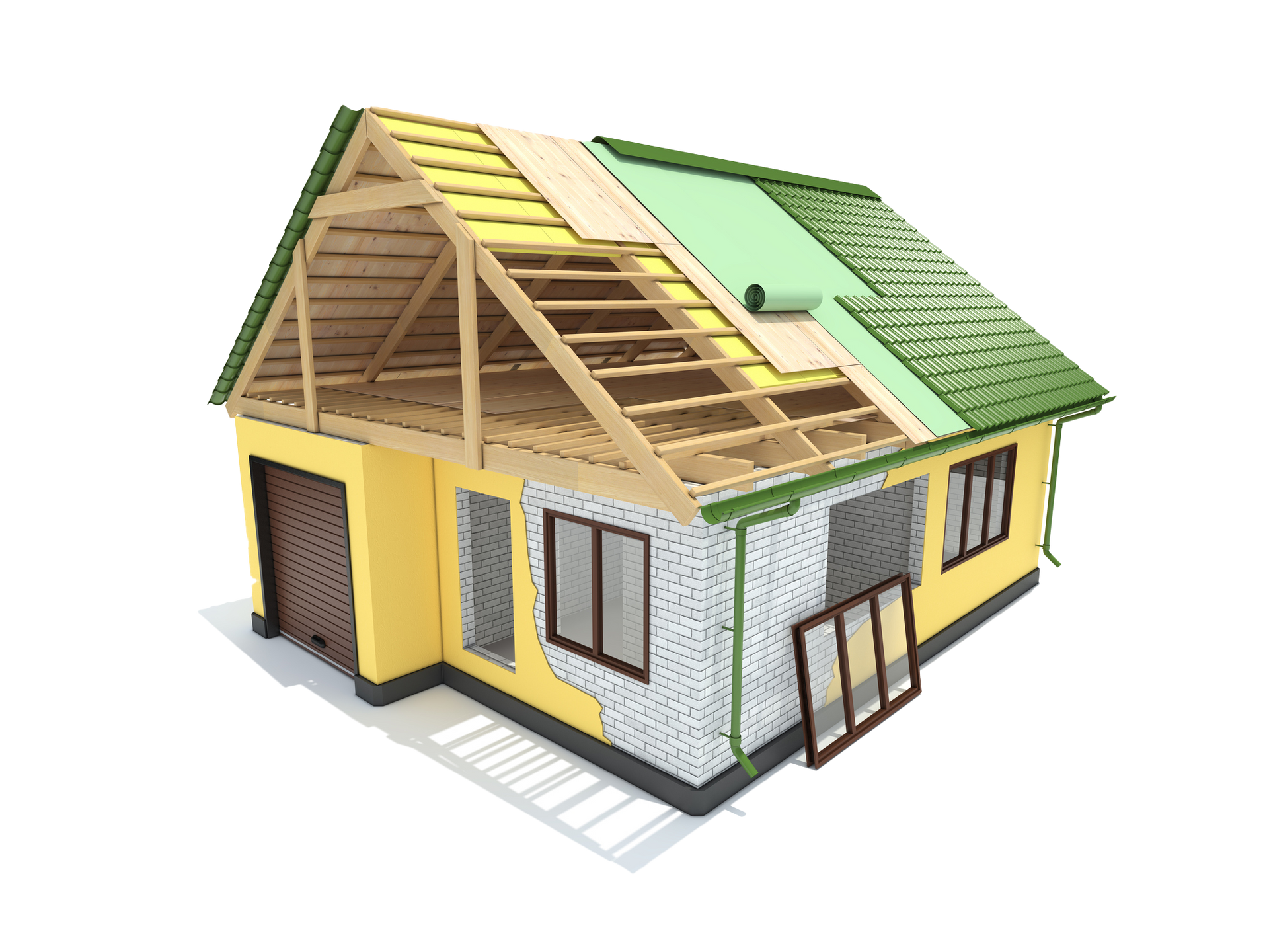 House under construction, showing roof and wall layers, yellow exterior, open framing. House under construction, showing roof and wall layers, yellow exterior, open framing.