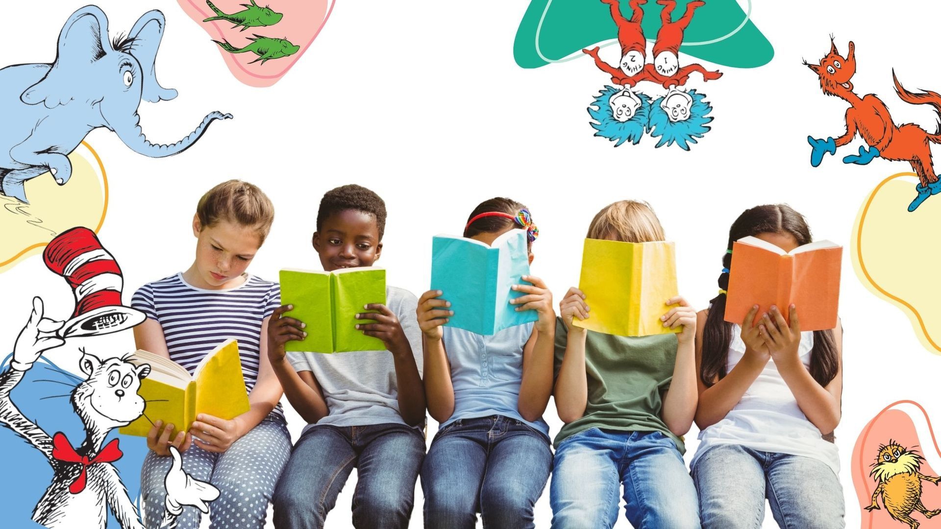 dr Seuss characters and kids reading