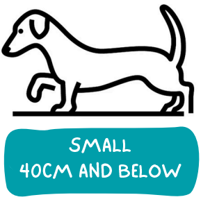 A line drawing of a dachshund with the words small 40cm and below.