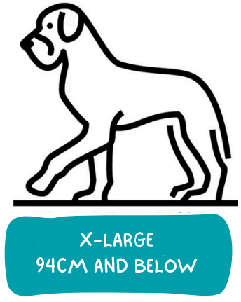 A line drawing of a dog with the words x-large 94cm and below.