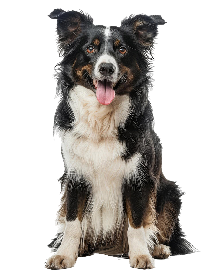 A black and white border collie dog is sitting on a white background.