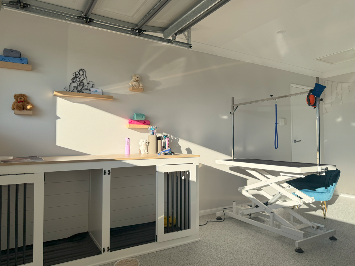 A dog grooming station in a studio with a table and a kennel.