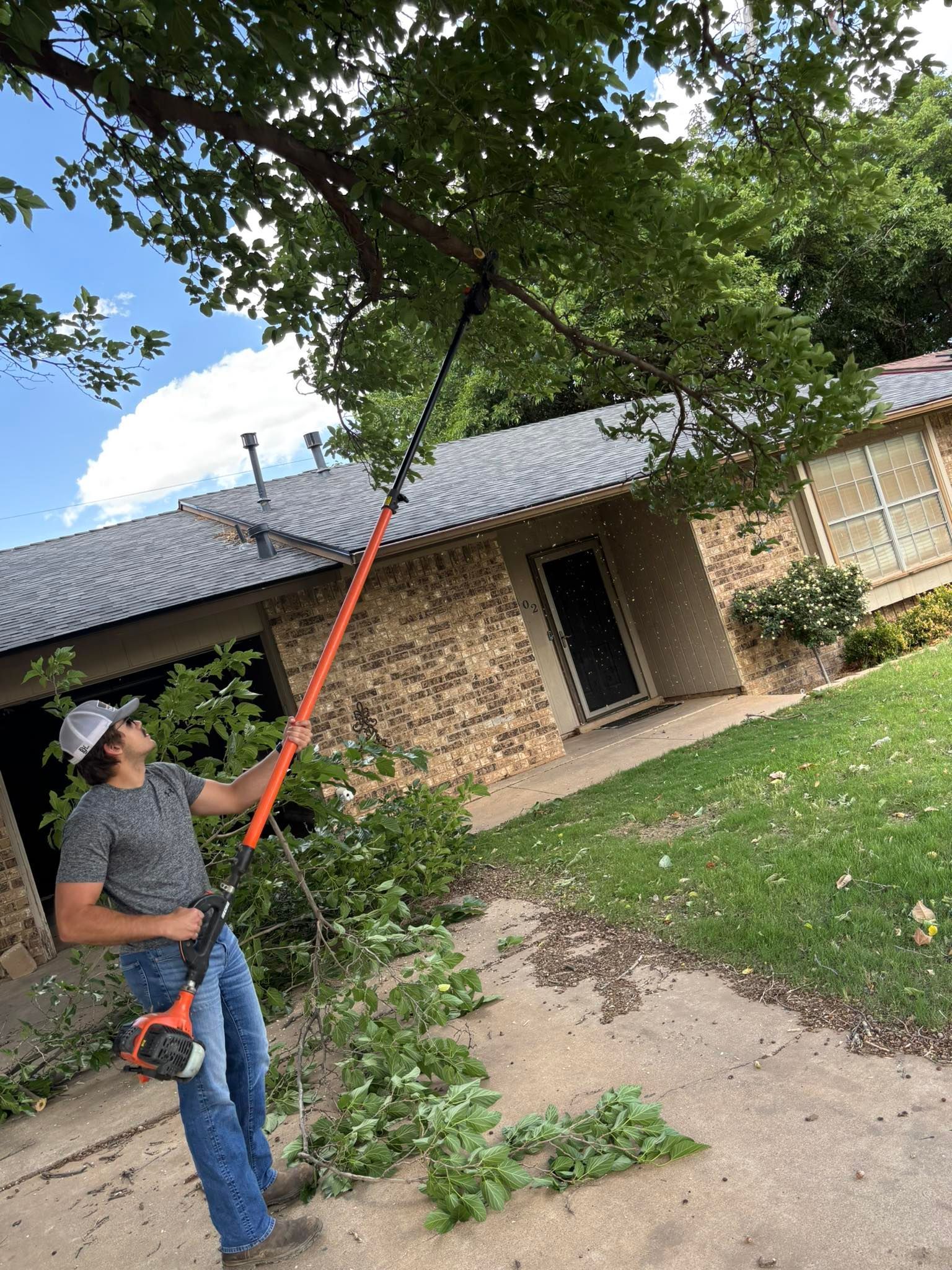 A man uses a pole saw to trim a tree in front of a brick house. Green leaves and a blue sky are visible.