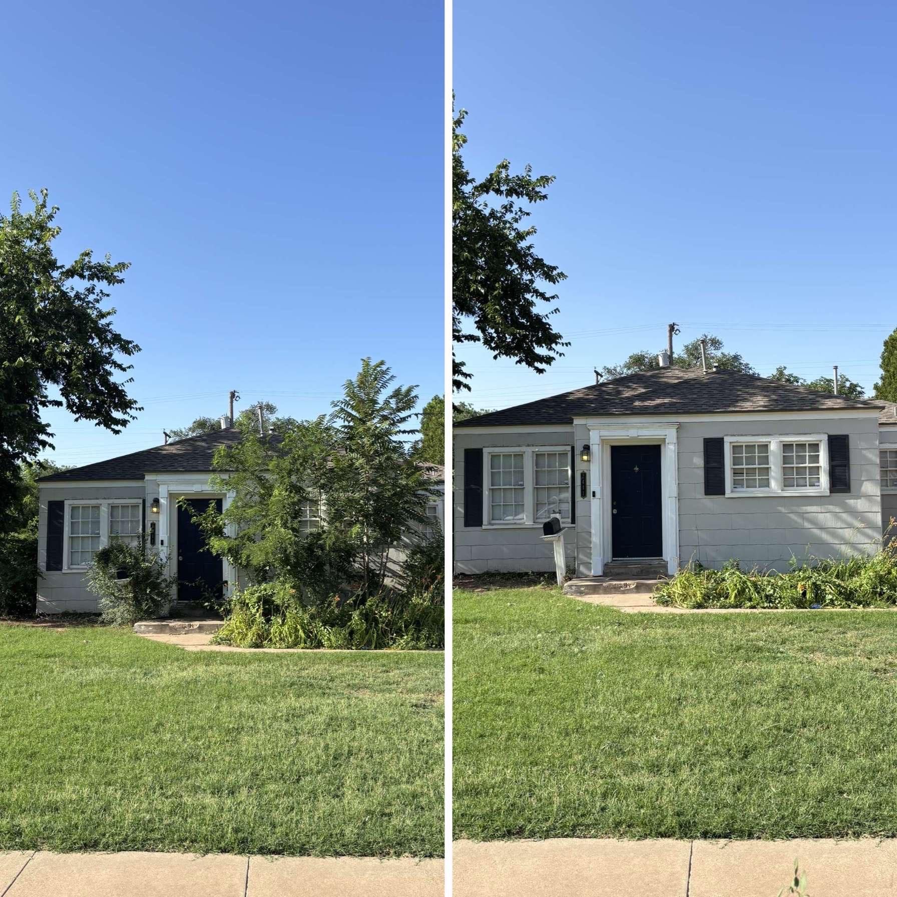 A before-and-after of a grey house. The first image has overgrown bushes. The shows the trimmed house with a trimmed yard.