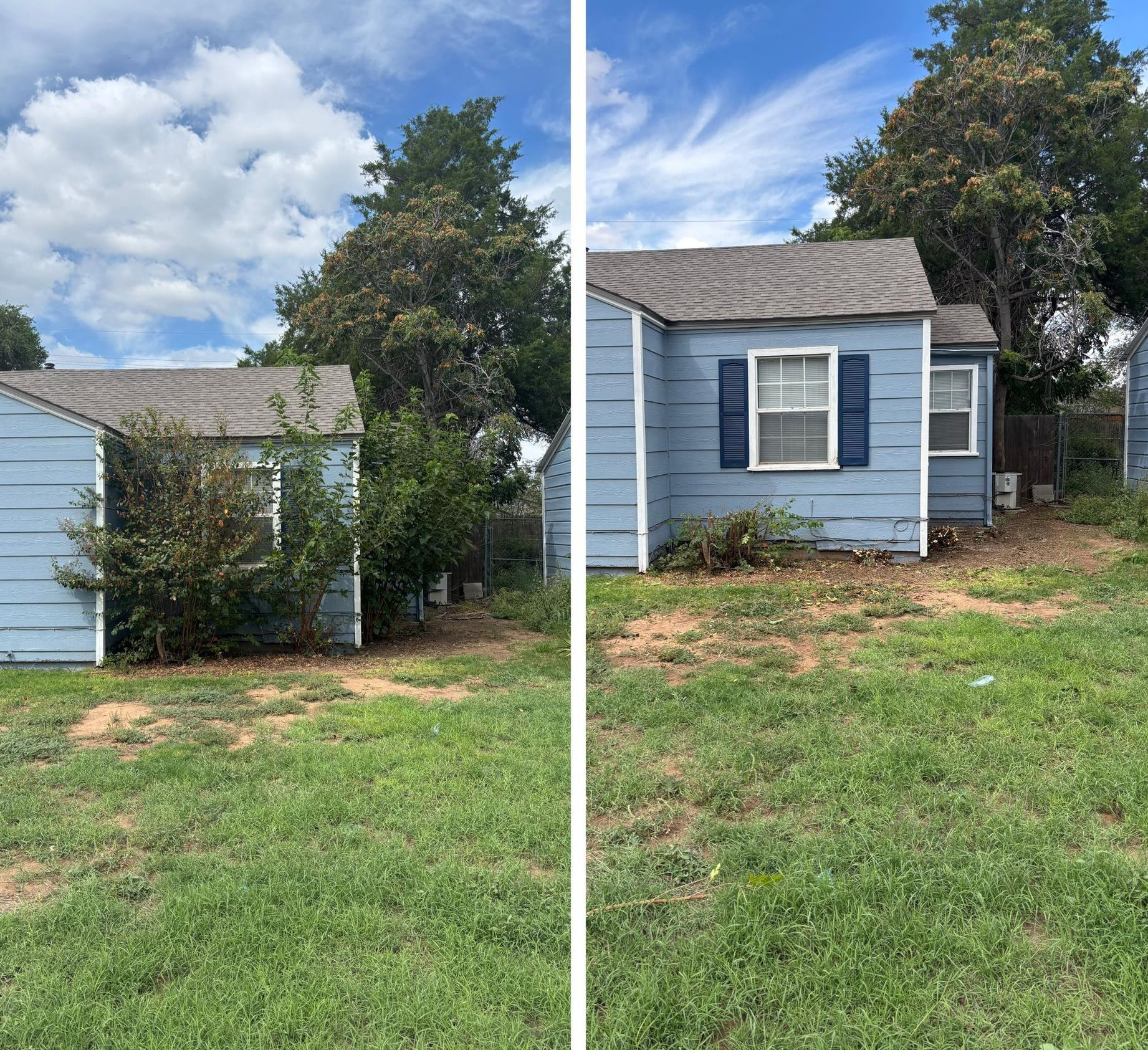 Two side-by-side images of a small, blue house with a yard.  The house has a gray roof and blue shutters.