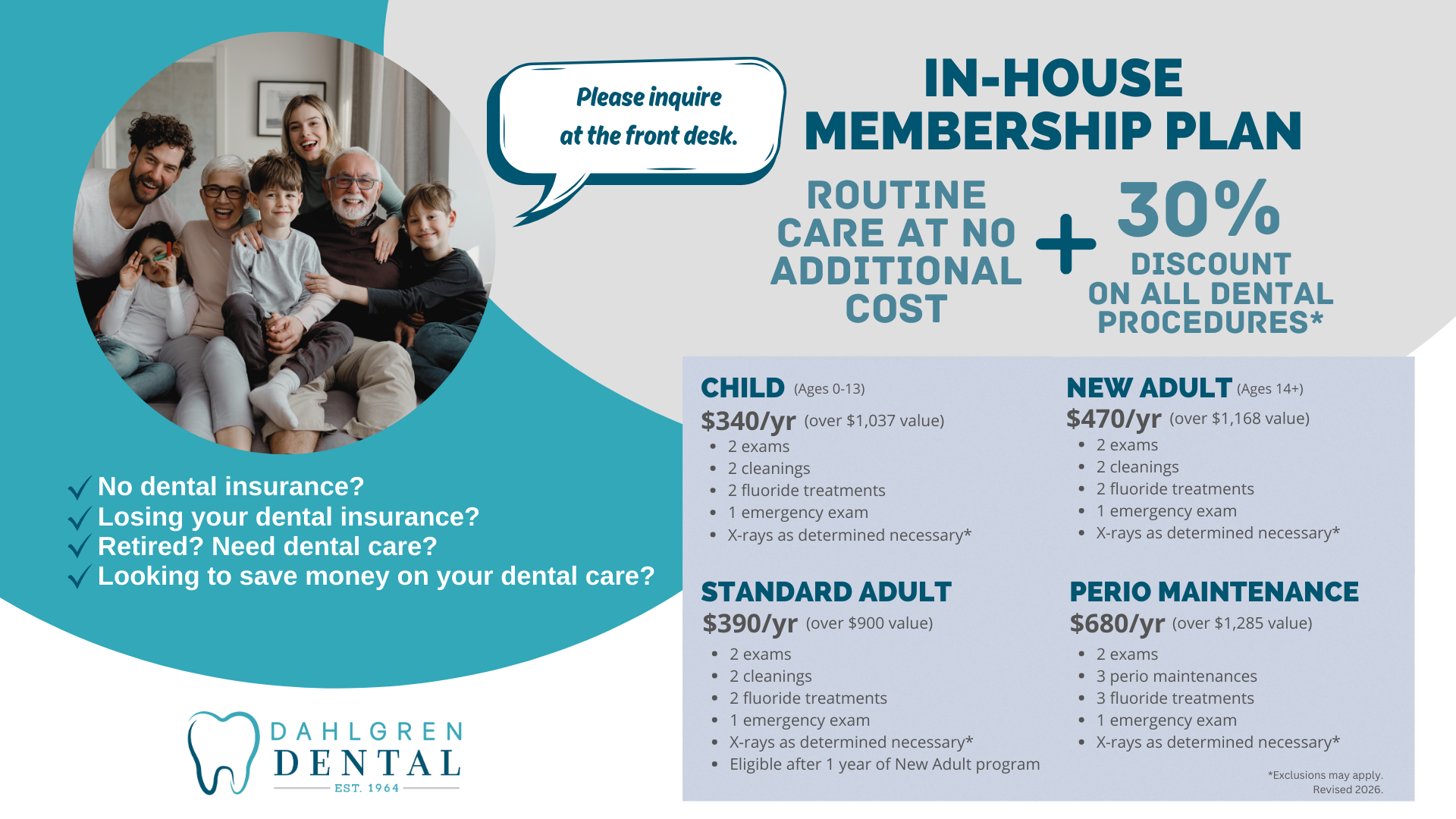 Get in-house dentistry membership plans at Dahlgren Dental in Wichita, KS. An advertisement for a dental membership plan with a picture of a family.