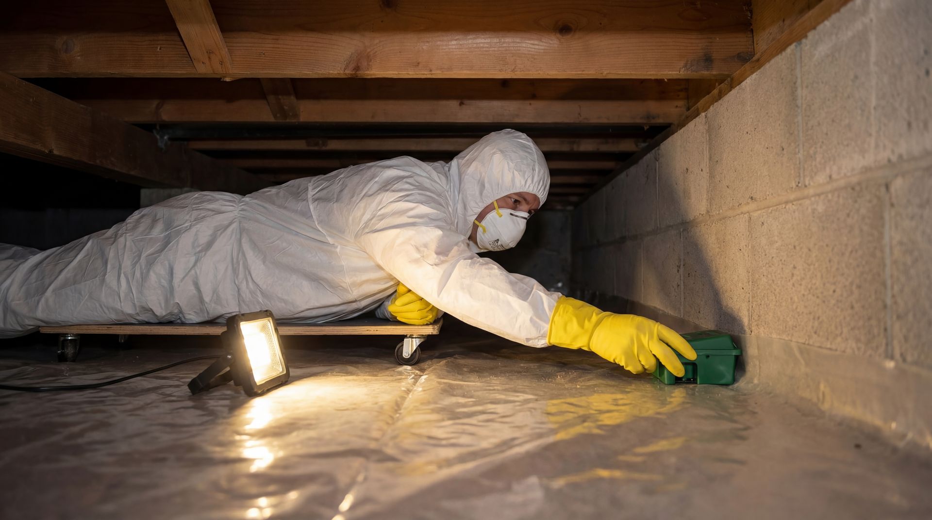 Licensed pest control technician inspecting a crawl space for moisture and pest activity in a Virginia Beach, VA, home.