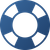 A blue life preserver with white triangles around it on a white background.