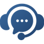 A blue and white icon of a headset with a microphone and a speech bubble.
