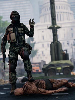 Vojnik koji pokazuje znak za mir sa puškom u desnoj ruci i nogom na ležećem zombiju u zombie apokalipsi