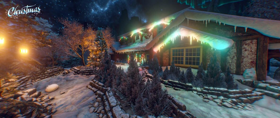Kuća djeda Božičnjaka u VR Escape Room Christmas avanturi osvijetljena božičnim lampicama