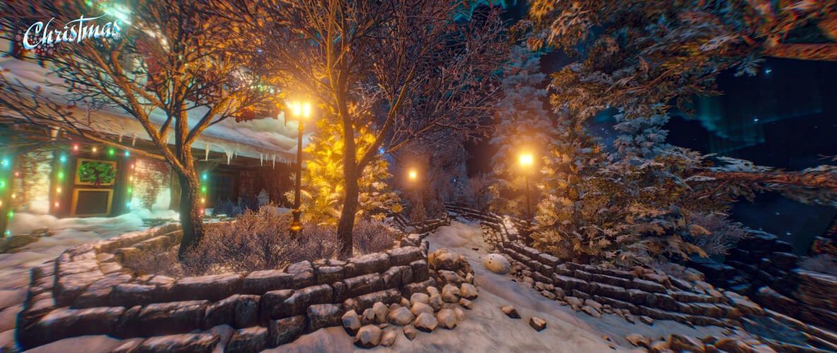 Snježna kućica ukrašena šarenim lampicama