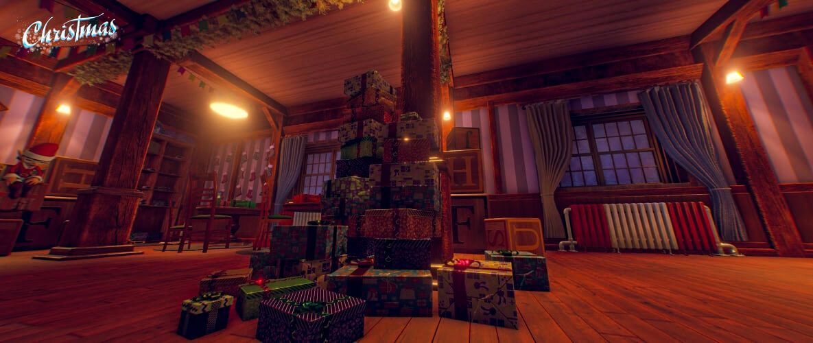 Šareni pokloni u sredini sobe Virtual Reality avanture Christmas