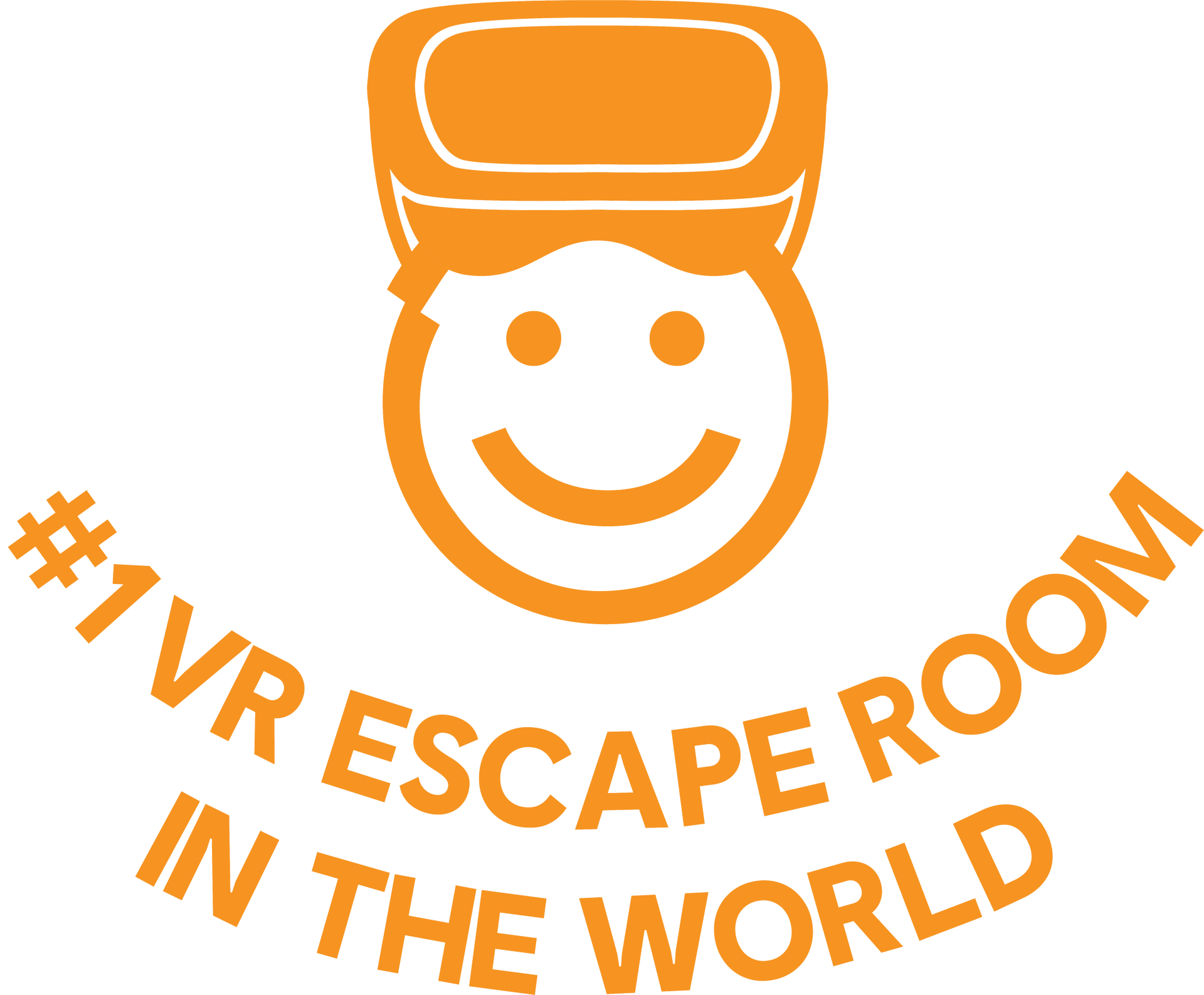 Narančasti logotip sa VR naočalama i nasmješenim licem i tekstom #1 escape room u svijetu