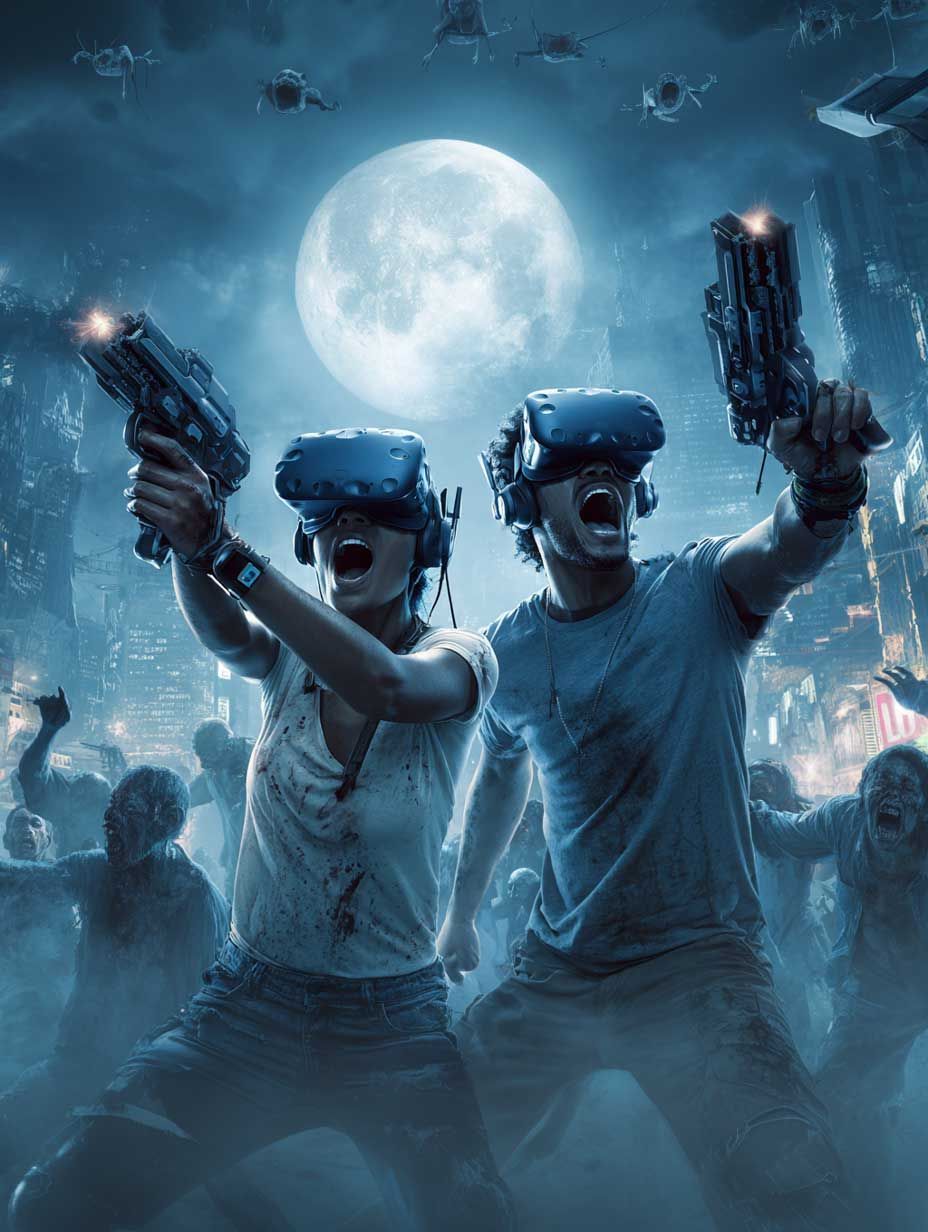 Igrači sa gas maskama na glavi i puškama u rukama sa zombijima u pozadini u Zombie Apokalipsi