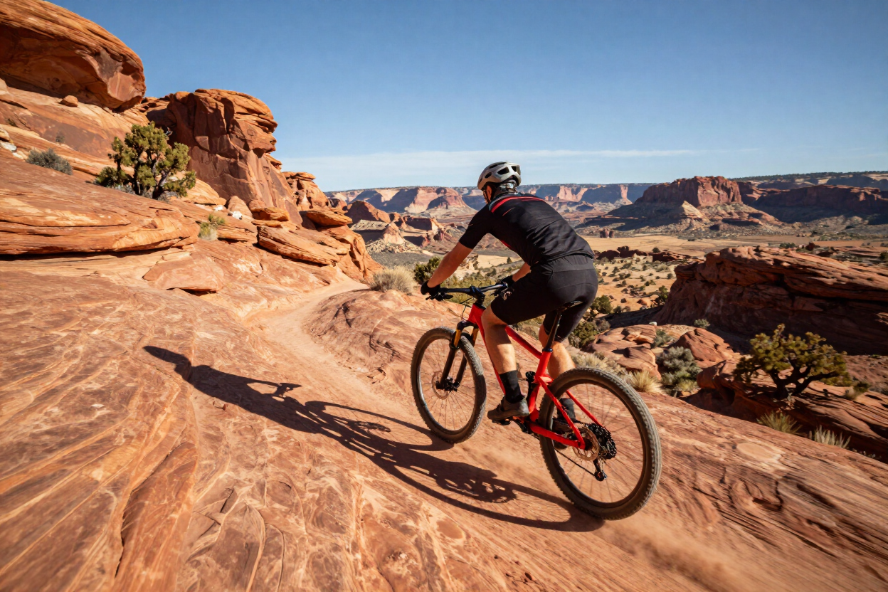 Mountain biking on red slickrock trails in Moab Utah