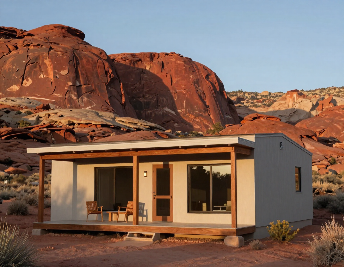 Cottage One covered porch with Moab red rock views