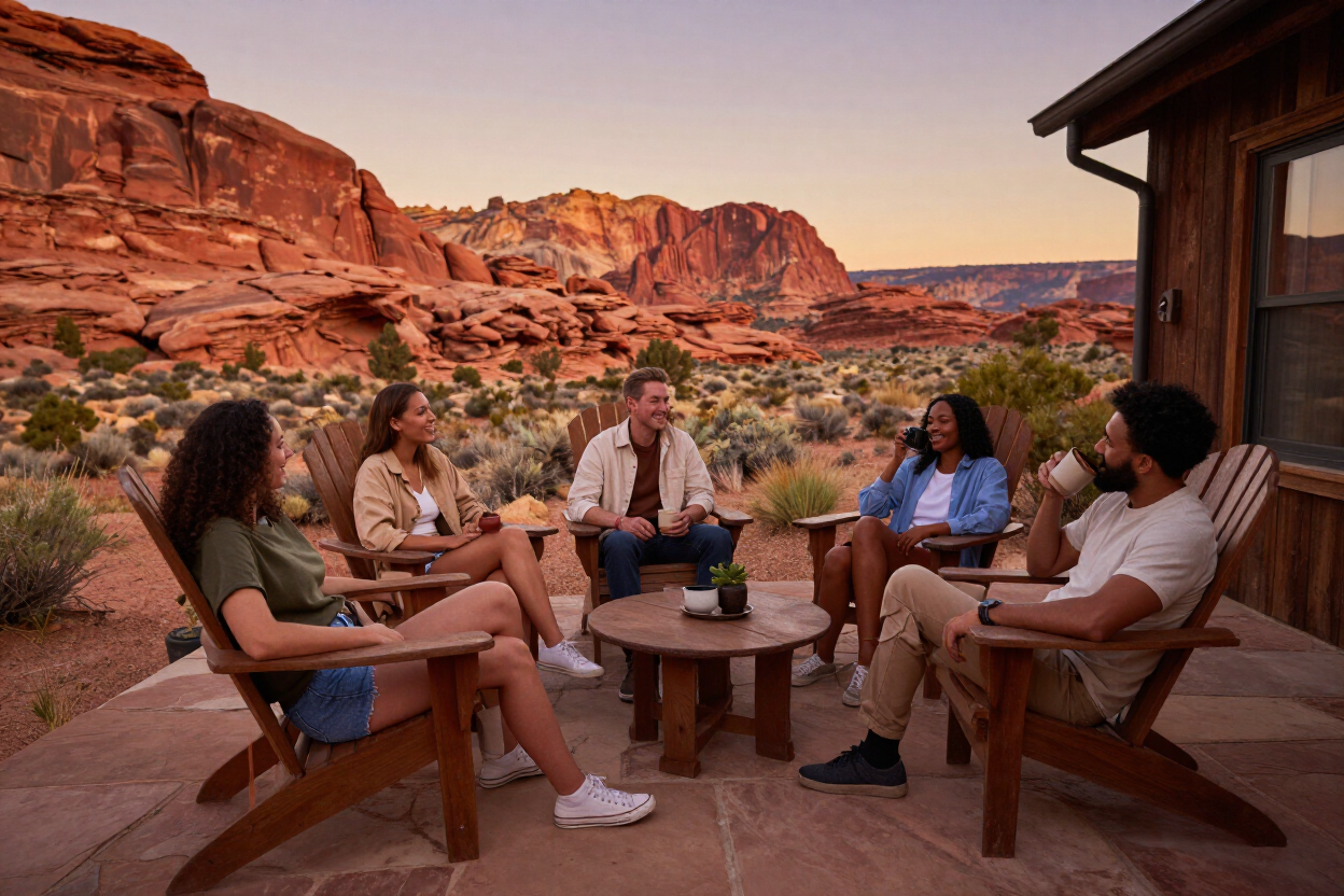 Group relaxing outdoors at Spanish Valley Cottages