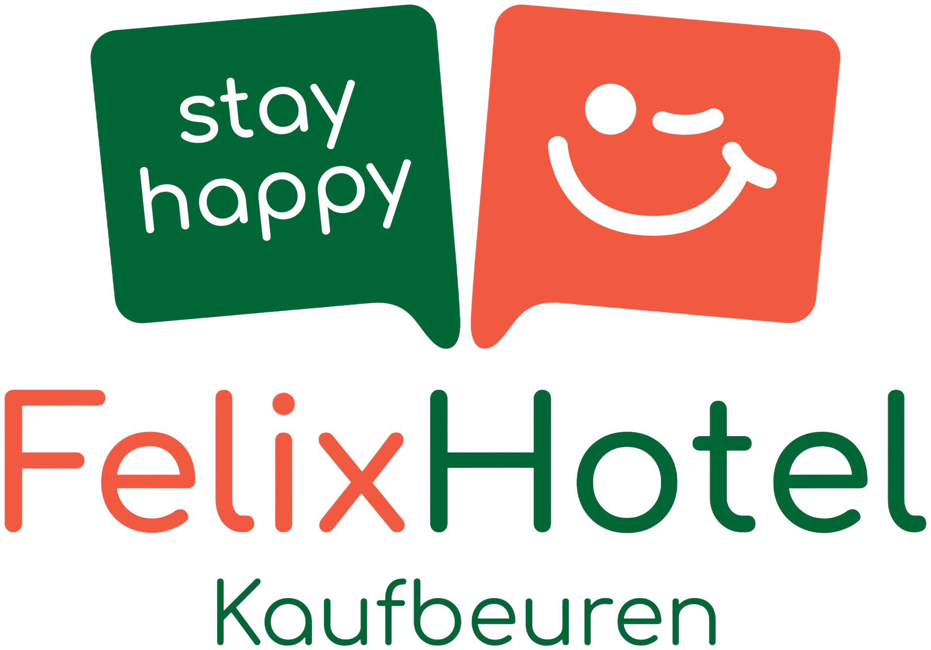 Felix Hotel Kaufbeuren Logo mit grünen und korallenfarbenen Smiley-Kacheln und dem Text „stay happy“.