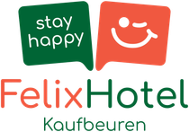 Felix Hotel Kaufbeuren Logo mit grünen und korallenfarbenen Smiley-Kacheln und dem Text „stay happy“.