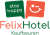 Felix Hotel Kaufbeuren Logo mit grünen und korallenfarbenen Smiley-Kacheln und dem Text „stay happy“.