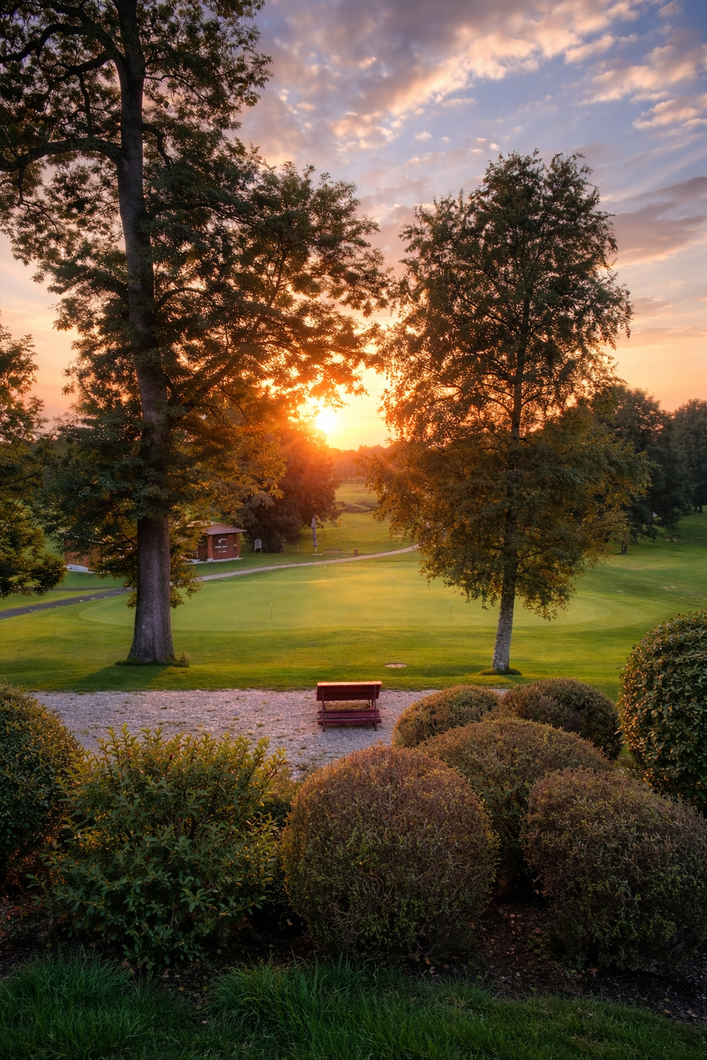 Sonnenuntergang über einem angelegten Garten mit Bäumen, gestutzten Büschen und einem Rasen
