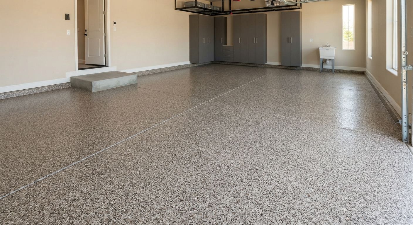 Finished decorative epoxy flooring in a Madera residential garage