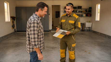 Madera epoxy flooring technician discussing an estimate with a homeowner