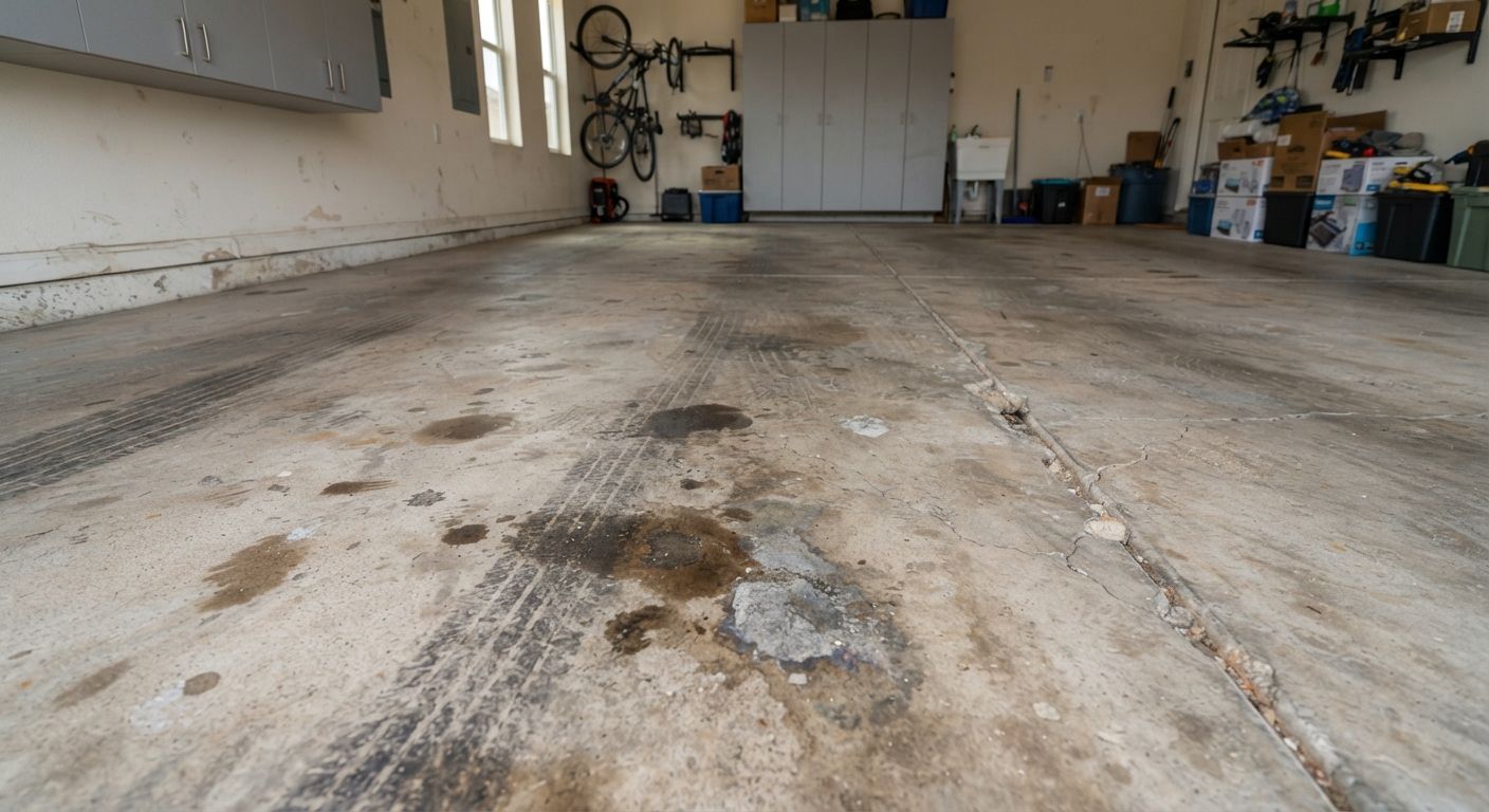 Stained and worn uncoated garage floor in Madera California