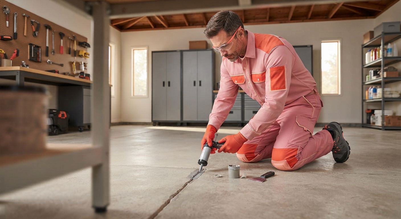 Madera garage floor coating technician repairing concrete cracks before installation